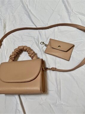 Women’s Beige Light Pink Crossbody Bag with Ruched Handle and Card Pouch